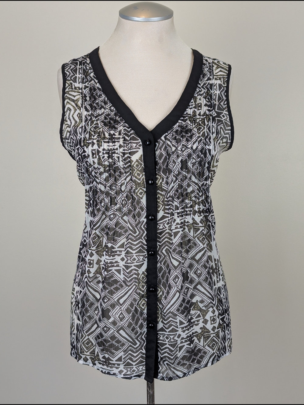 Reitmans Sheer Neutral Colour-Geometric Print Sleeveless Blouse with Black Trim